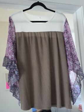 Women's Brown and White Tunic Top with Purple Floral Sleeves